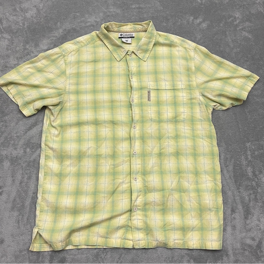 Columbia Short Sleeve Plaid Button Down Shirt Mens L Green 100% Cotton